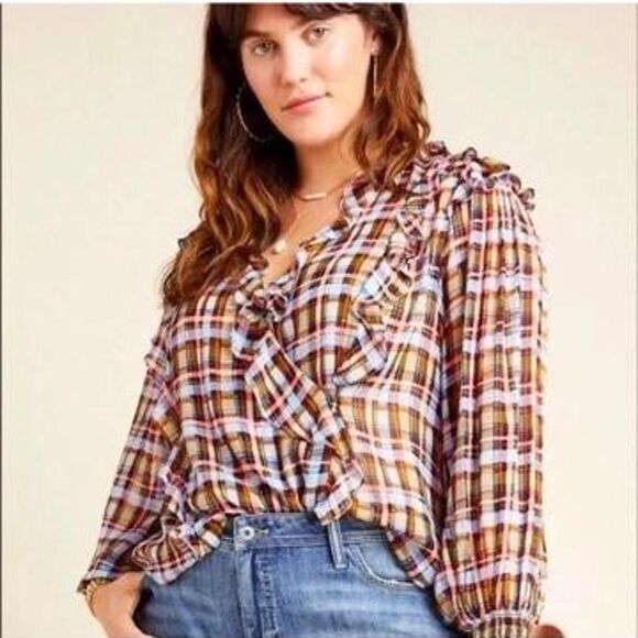Anthropology Maeve Laila plaid wrap ruffle top - Picture 4 of 8